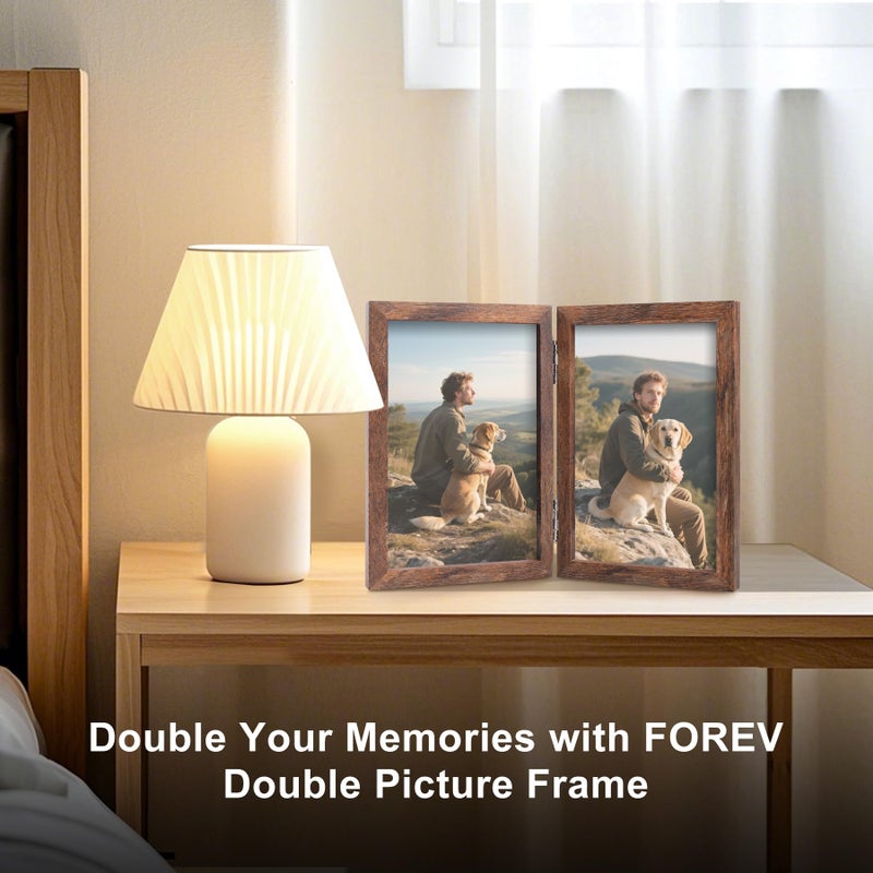 Forev 4x6 Double Picture Frame Wooden Hinged Photo Frame Definition Glass Stand Vertically on Desktop or Tabletop Rustic Wood - Image 2
